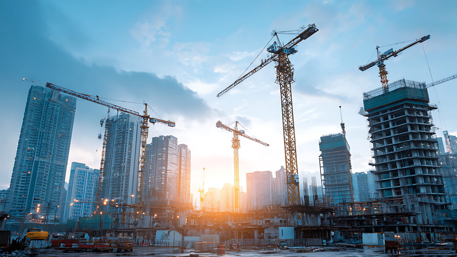 An expansive urban construction site featuring numerous tower cranes and developing high-rise buildings, illuminated by the warm glow of a setting sun.