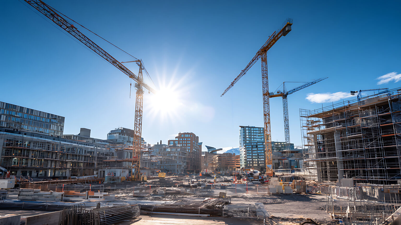 A large, active urban construction site with multiple tower cranes and modern buildings under development. Bright sun creates a lens flare against the clear blue sky.